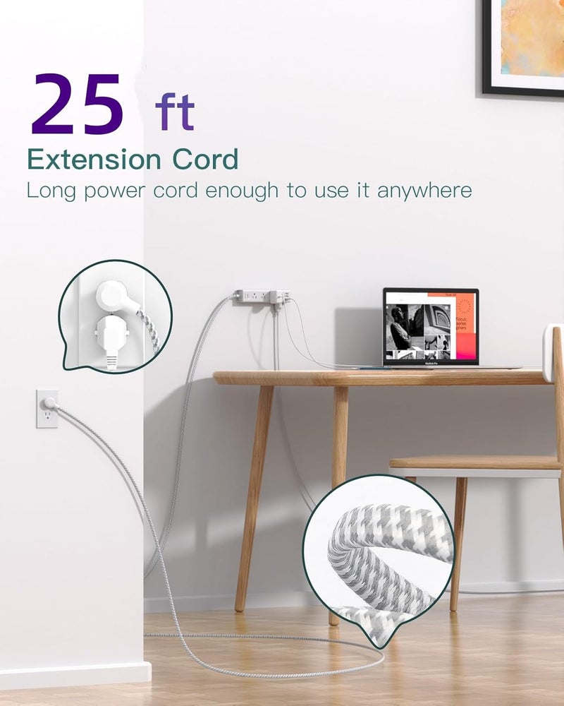 Addtam Surge Protector Power Strip - 25 FT Extension Cord, Power Strip with 12 Widely AC Outlet 3 USB, Flat Plug Wall Mount Overload Protection, 1050J, Desk Charging Station for Home Office, ETL Listed,White - Image 2